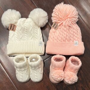 Kids Pom Pom Hat Set - White and Pink